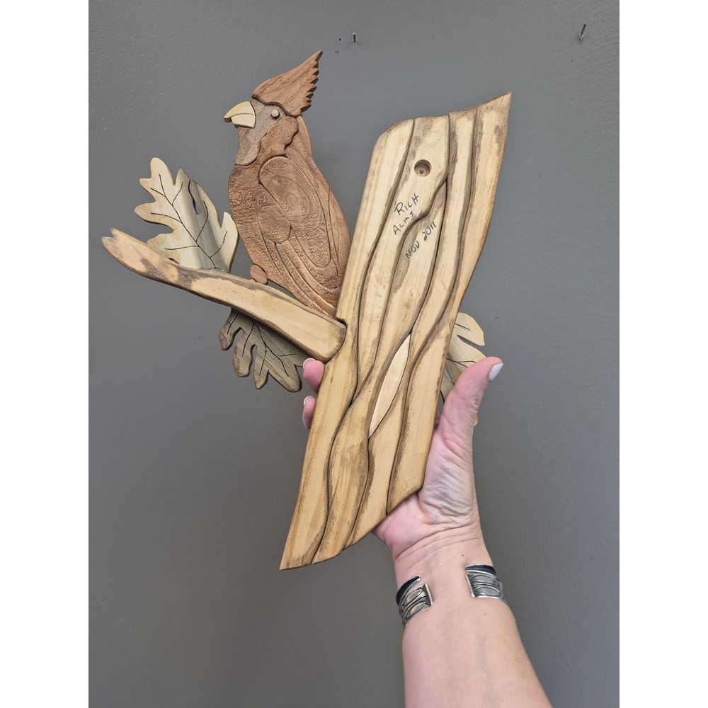Handmade Wood Intarsia Cardinal Wall Art Signed Rustic Cabin Bird Decor 3d - Picture 4 of 5